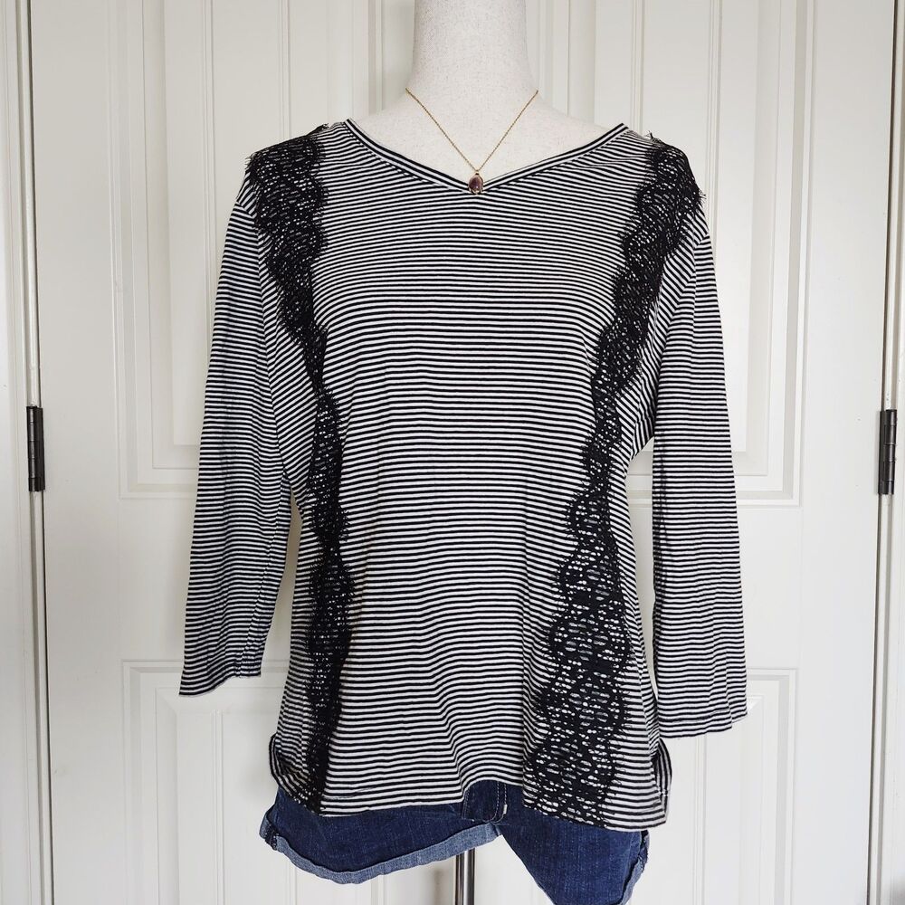 Rebecca Malone Black White Striped V-Neck Lace Top 3/4 Sleeve Size XL